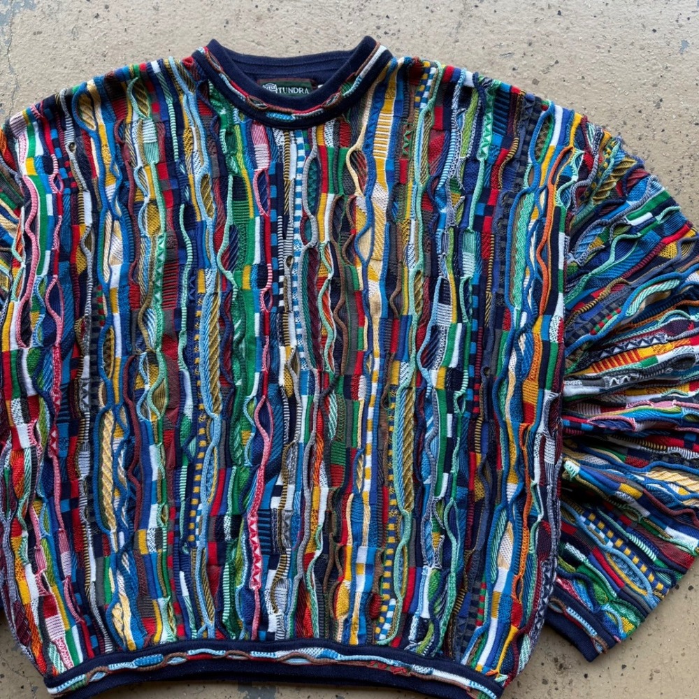 Tundra Canada 3D Knit Sweater Mens Medium Multi Color Coogi Style Crewneck VTG